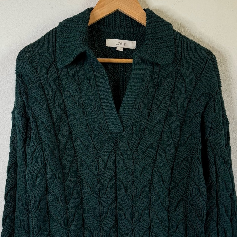 Loft Collared Split Neck Chunky Cable Knit Green … - image 3